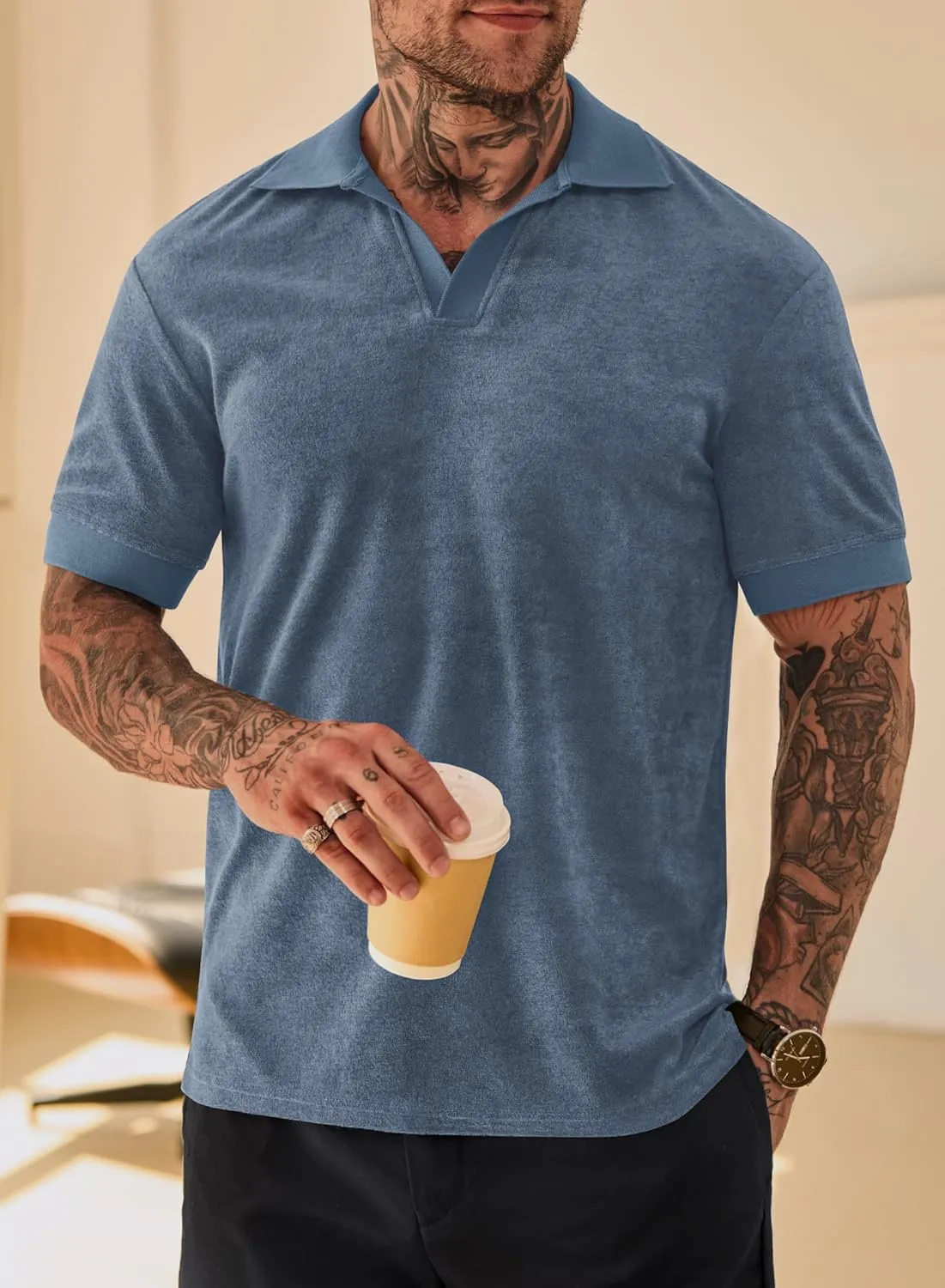 Mens Terry Polo Shirts Johnny Collar Casual Summer Short Sleeve Buttonless Shirt (S-XXL)