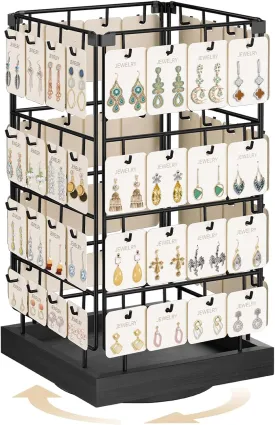 MODOWEY 360 Rotating Earring Cards Organizer Holder Stands for Selling Vendors, 64 Hooks Jewelry Display Tree, Towers Storage for Necklaces Bracelets Rings (Black)