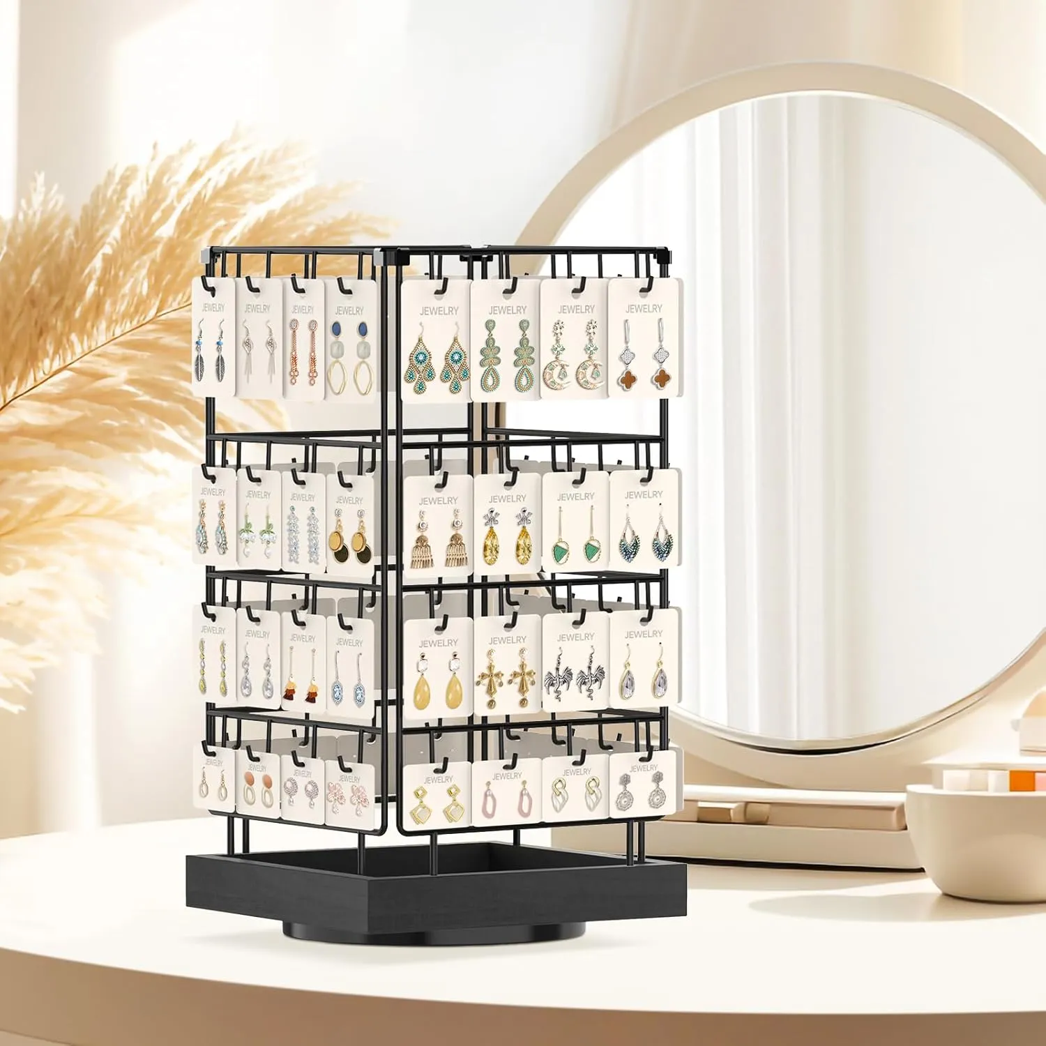 MODOWEY 360 Rotating Earring Cards Organizer Holder Stands for Selling Vendors, 64 Hooks Jewelry Display Tree, Towers Storage for Necklaces Bracelets Rings (Black)