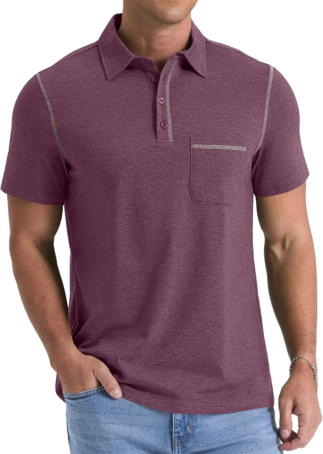 NITAGUT Mens Polo Shirts Casual Short Sleeve T-Shirt Basic Button Tee Tops with Pocket