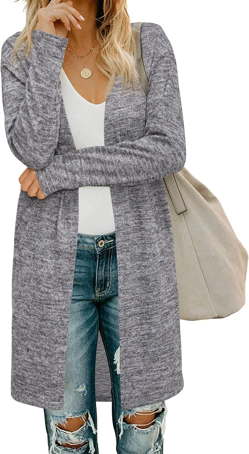 OUGES Women's Open Front Cardigan Shirt with Pockets Long Sleeve Lightweight Coat