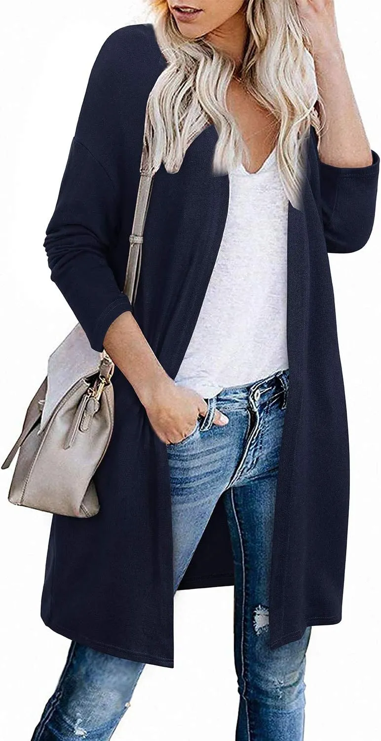 OUGES Women's Open Front Cardigan Shirt with Pockets Long Sleeve Lightweight Coat