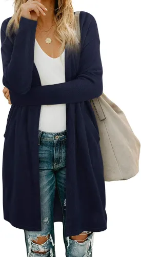 OUGES Women's Open Front Cardigan Shirt with Pockets Long Sleeve Lightweight Coat