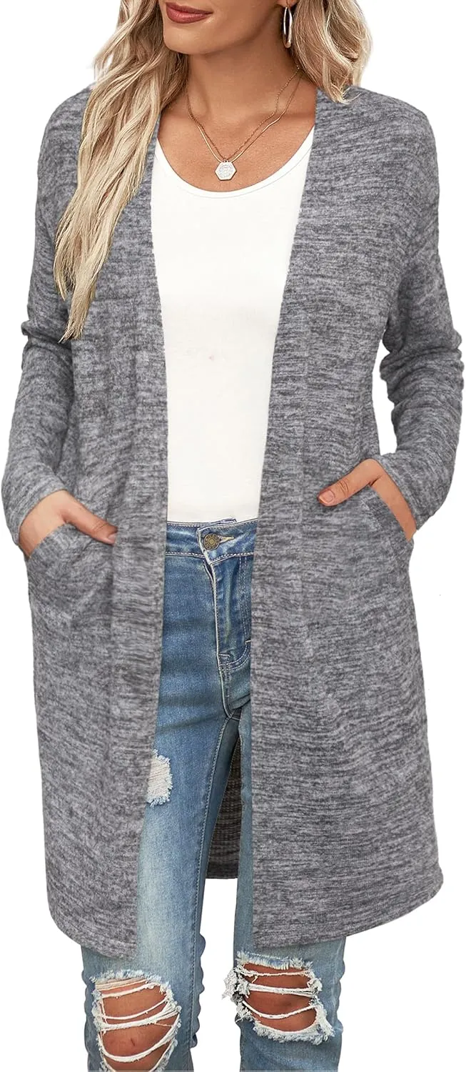 OUGES Women's Open Front Cardigan Shirt with Pockets Long Sleeve Lightweight Coat
