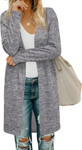 OUGES Women's Open Front Cardigan Shirt with Pockets Long Sleeve Lightweight Coat