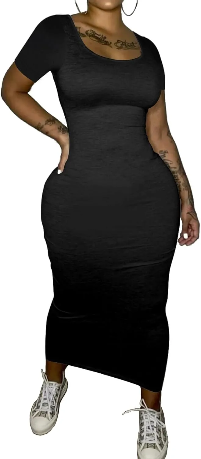 PINSV Women's Casual Bodycon Maxi Dress Summer Scoop Neck Short Sleeve Long Fitted Dresses Club Party
