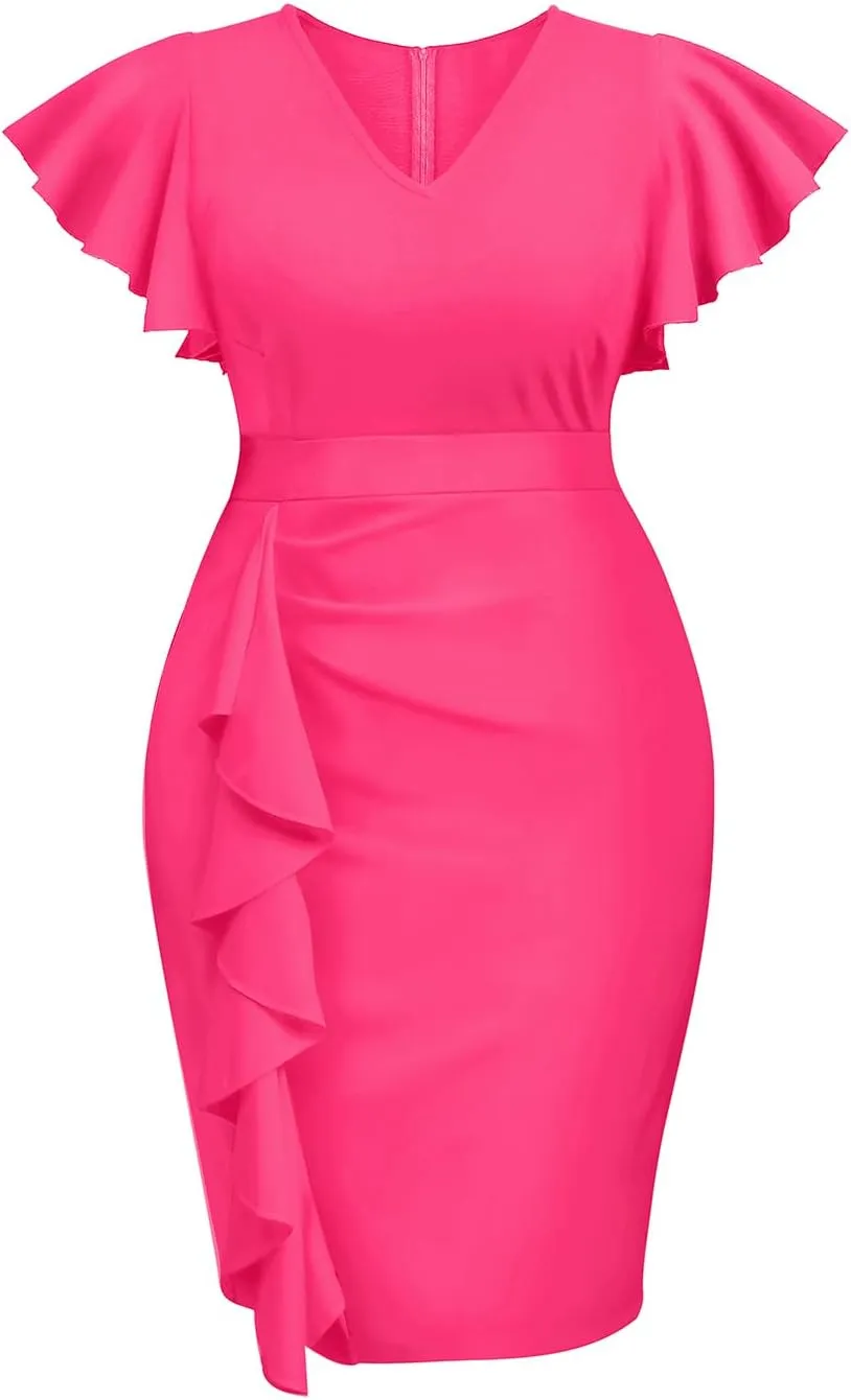 Pinup Fashion Plus Size Wedding Guest Dress - Women Cocktail Work Church Semi Formal Ruched Pencil Dresses