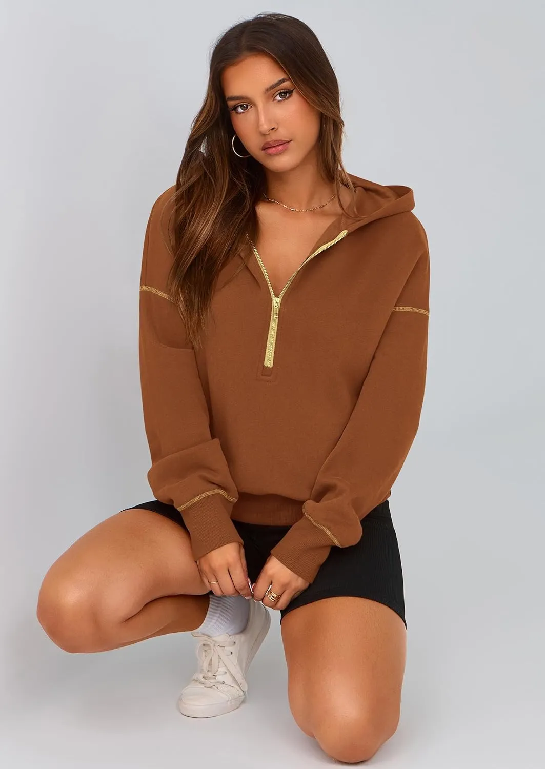 PRETTYGARDEN Women's Hooded Sweatshirts Long Sleeve Half Zip Cropped Hoodie Pullover Winter Fashion Clothes