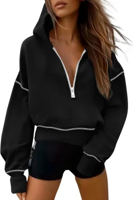 PRETTYGARDEN Women's Hooded Sweatshirts Long Sleeve Half Zip Cropped Hoodie Pullover Winter Fashion Clothes