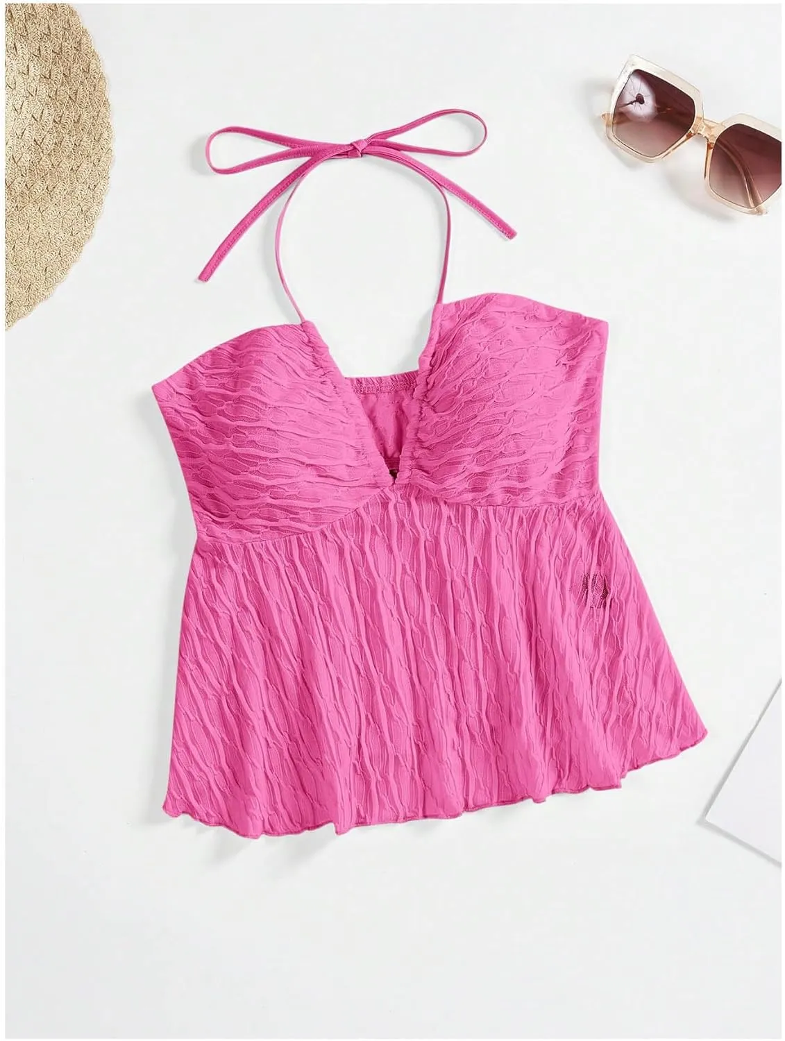 SHENHE Women's Tie Halter Neck Backless Ruffle Hem Sexy Peplum Crop Top Sleeveless Top