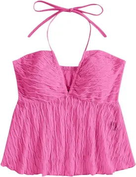 SHENHE Women's Tie Halter Neck Backless Ruffle Hem Sexy Peplum Crop Top Sleeveless Top