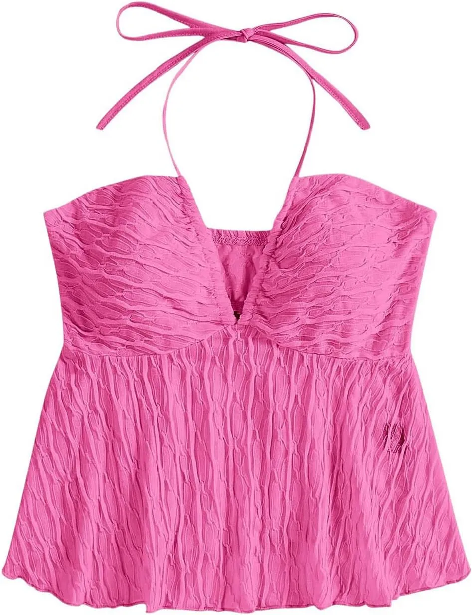 SHENHE Women's Tie Halter Neck Backless Ruffle Hem Sexy Peplum Crop Top Sleeveless Top