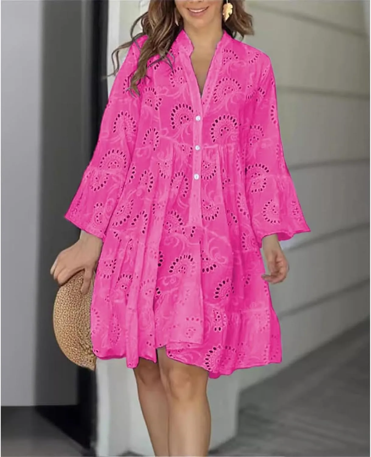 Summer Dresses for Women Floral Boho V Neck Button Down Hollow Out Lace Eyelet Embroidery Midi Flowy Swing Solid