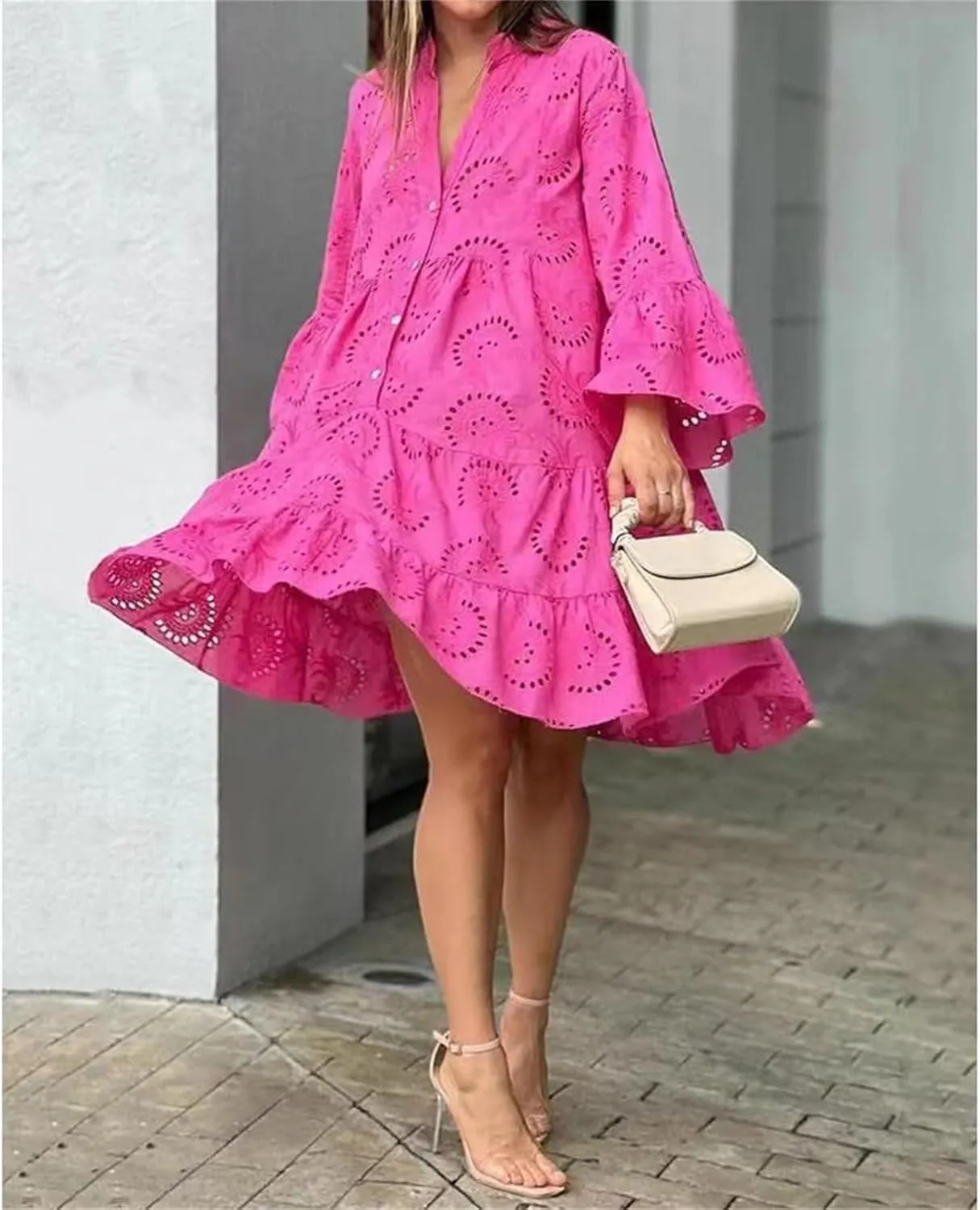 Summer Dresses for Women Floral Boho V Neck Button Down Hollow Out Lace Eyelet Embroidery Midi Flowy Swing Solid