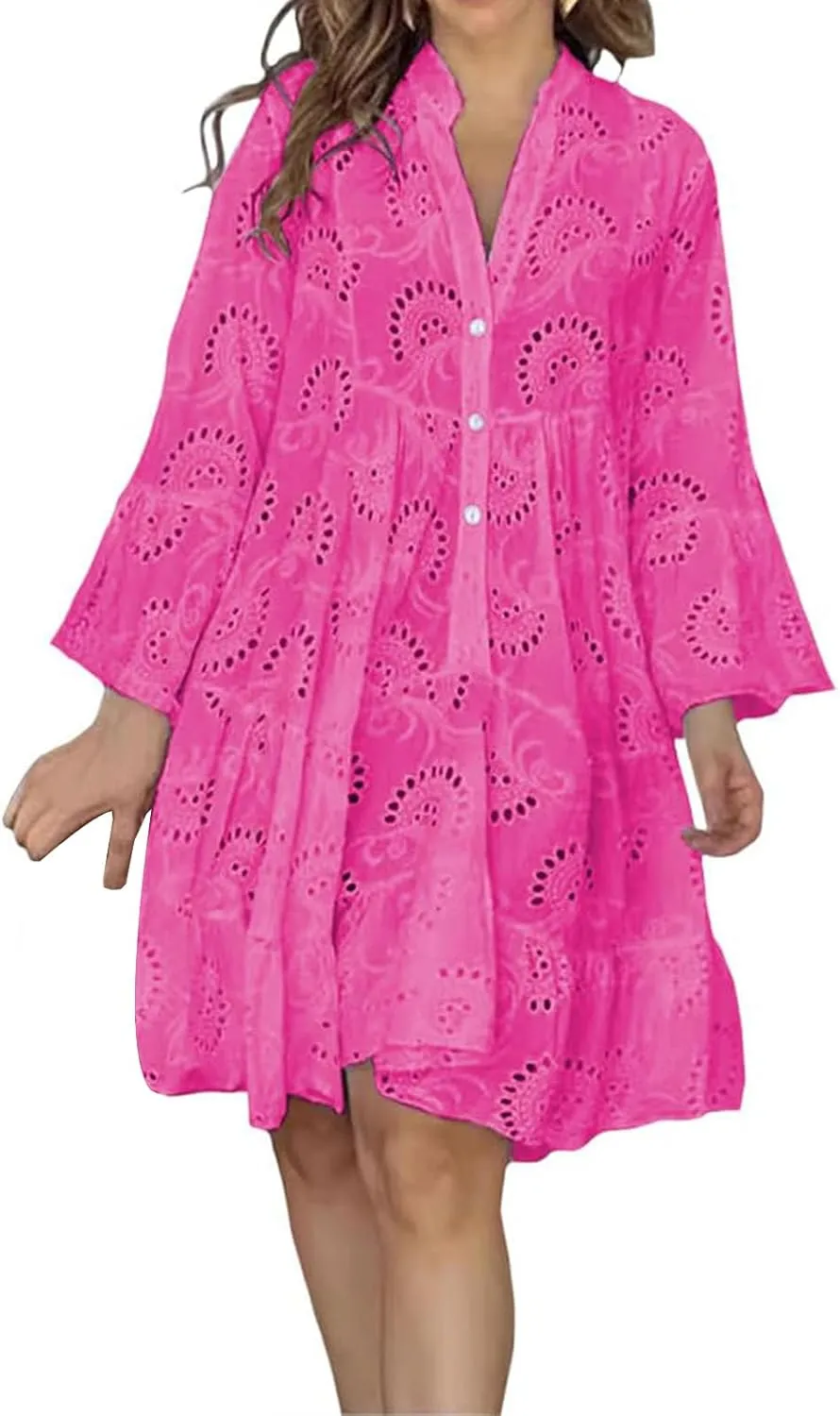 Summer Dresses for Women Floral Boho V Neck Button Down Hollow Out Lace Eyelet Embroidery Midi Flowy Swing Solid