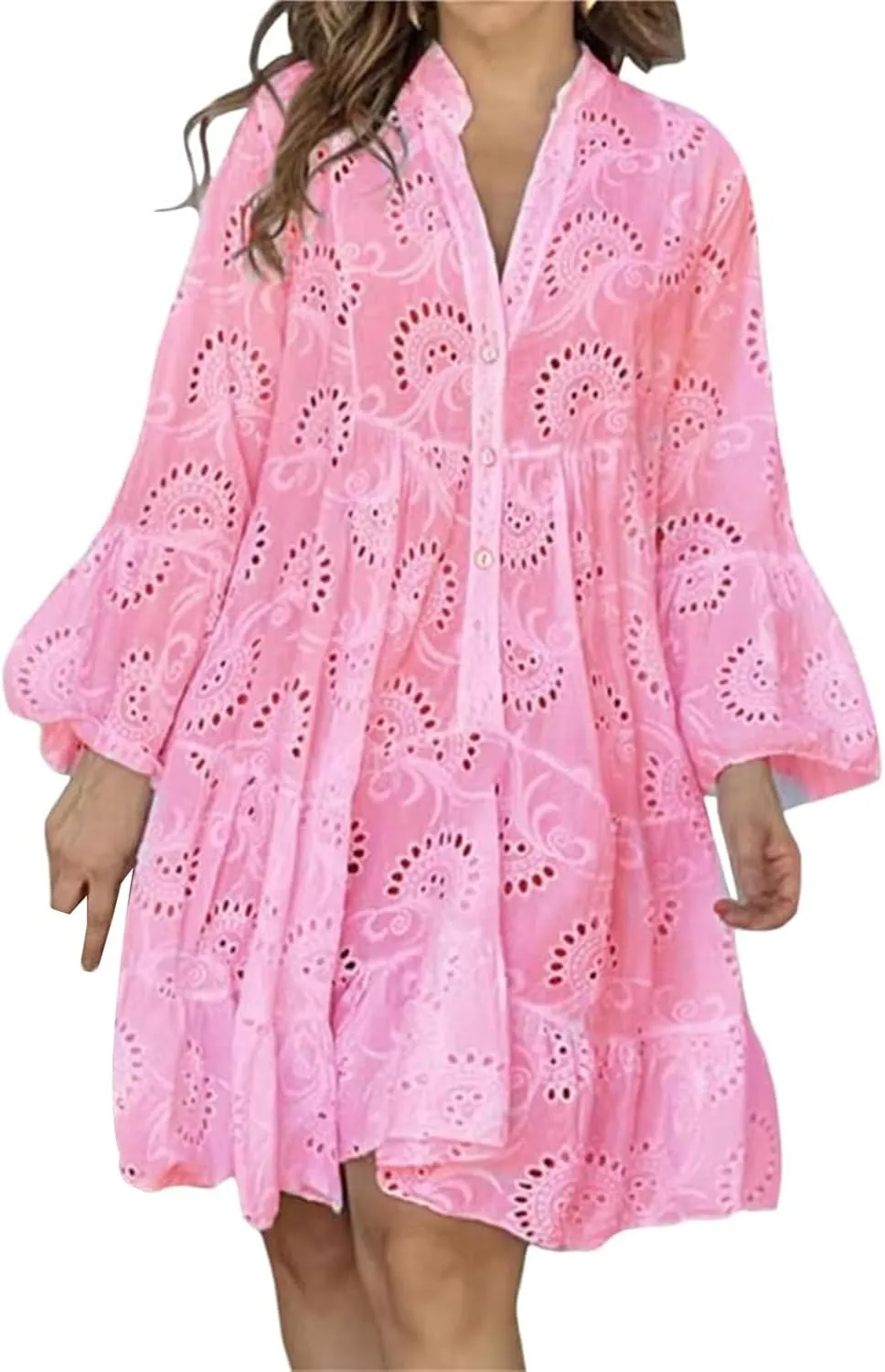 Summer Dresses for Women Floral Boho V Neck Button Down Hollow Out Lace Eyelet Embroidery Midi Flowy Swing Solid