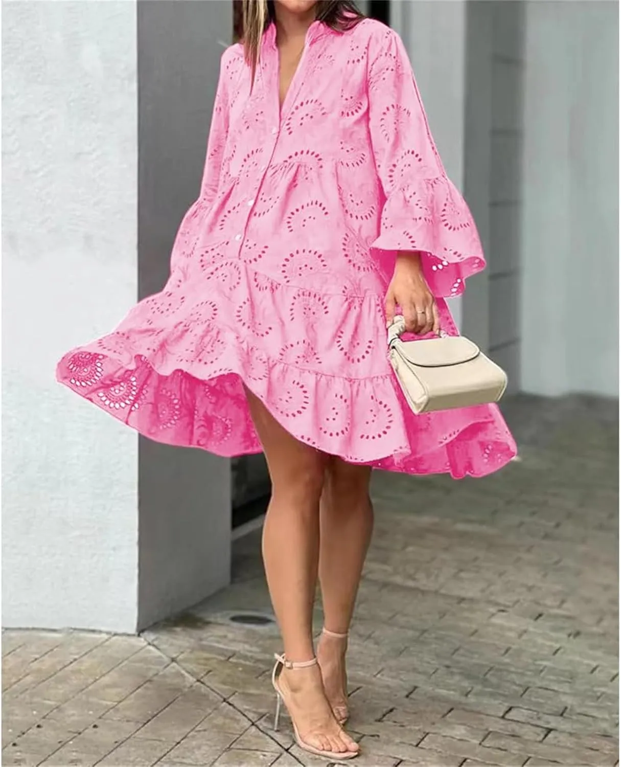 Summer Dresses for Women Floral Boho V Neck Button Down Hollow Out Lace Eyelet Embroidery Midi Flowy Swing Solid