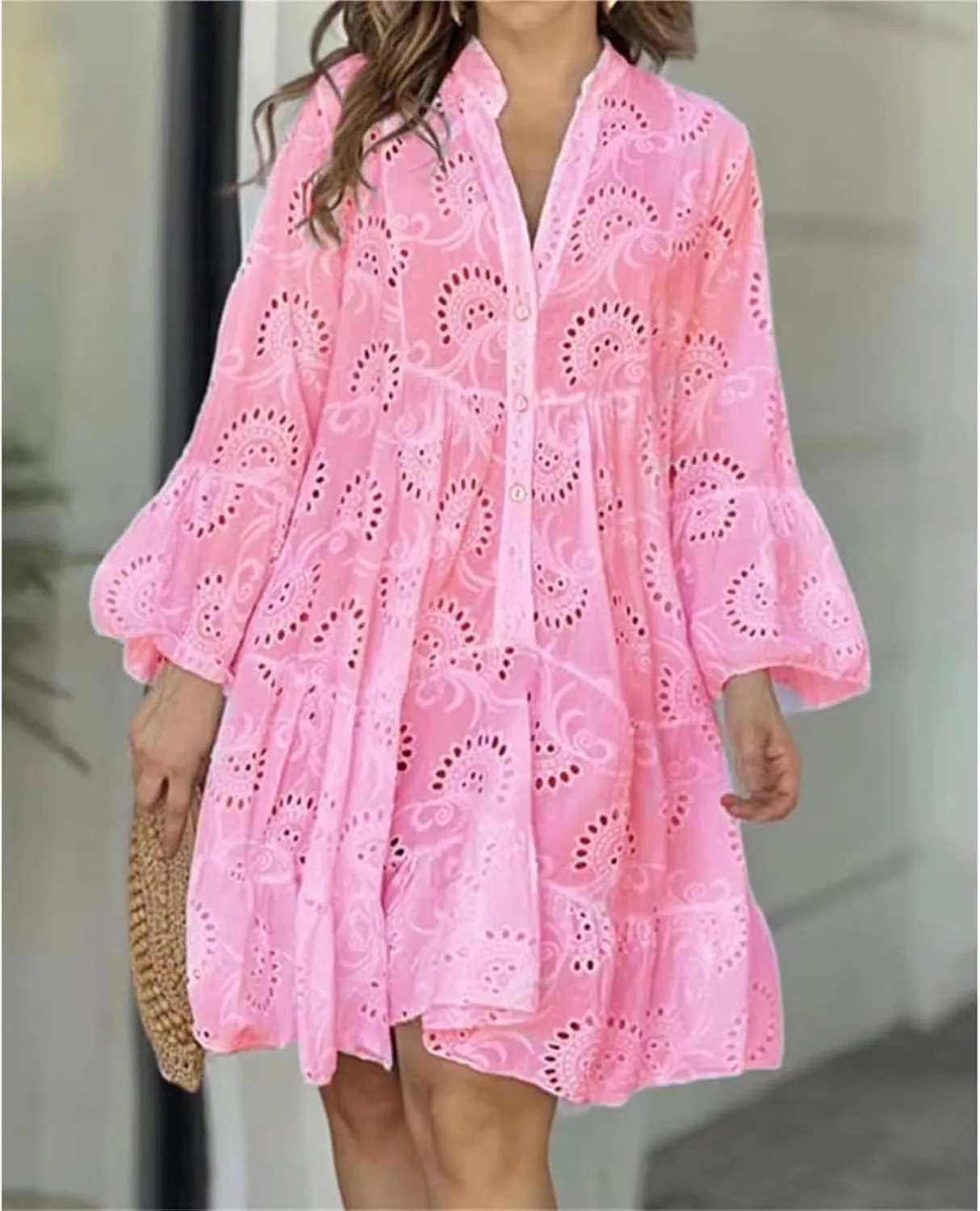 Summer Dresses for Women Floral Boho V Neck Button Down Hollow Out Lace Eyelet Embroidery Midi Flowy Swing Solid