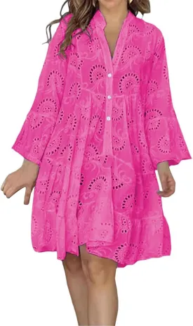Summer Dresses for Women Floral Boho V Neck Button Down Hollow Out Lace Eyelet Embroidery Midi Flowy Swing Solid