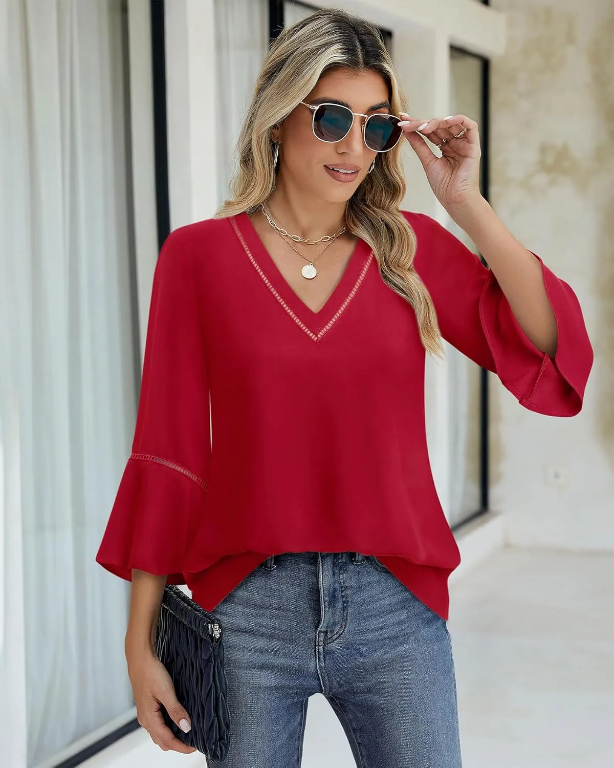 Timeson Women's Business Casual Tops 3/4 Sleeve Dressy Blouses Office Work Shirts