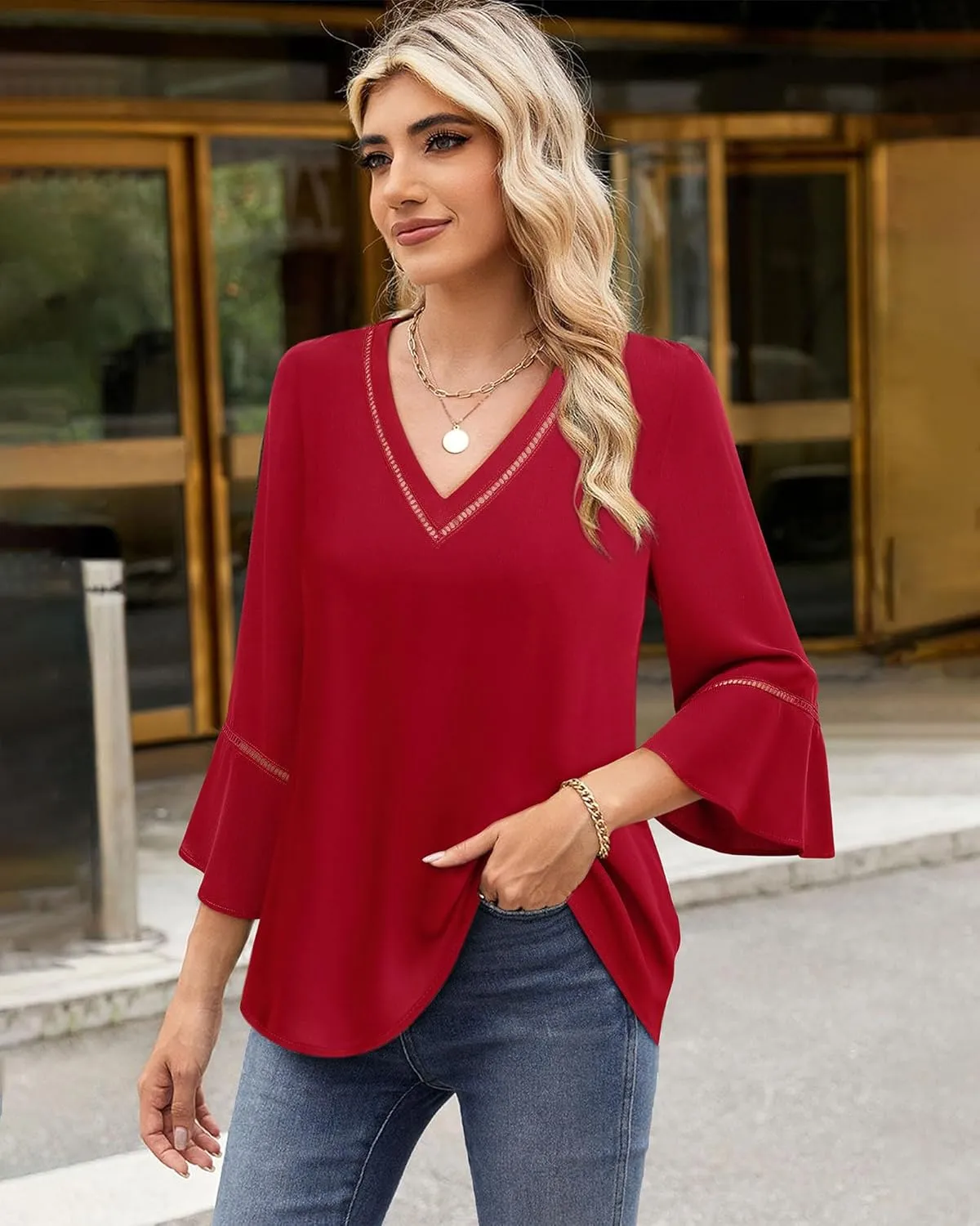 Timeson Women's Business Casual Tops 3/4 Sleeve Dressy Blouses Office Work Shirts