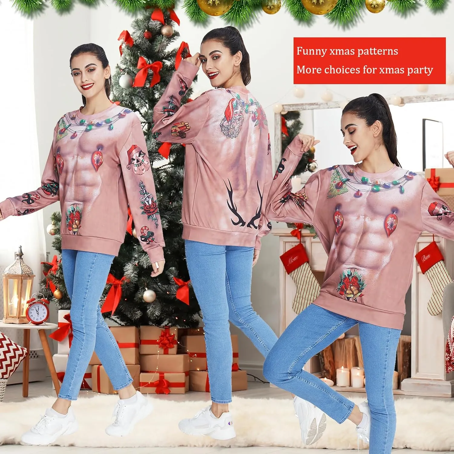 uideazone Unisex Ugly Christmas Sweater 3D Printed Funny Crewneck Pullover Sweatshirts for Xmas Party Celebration