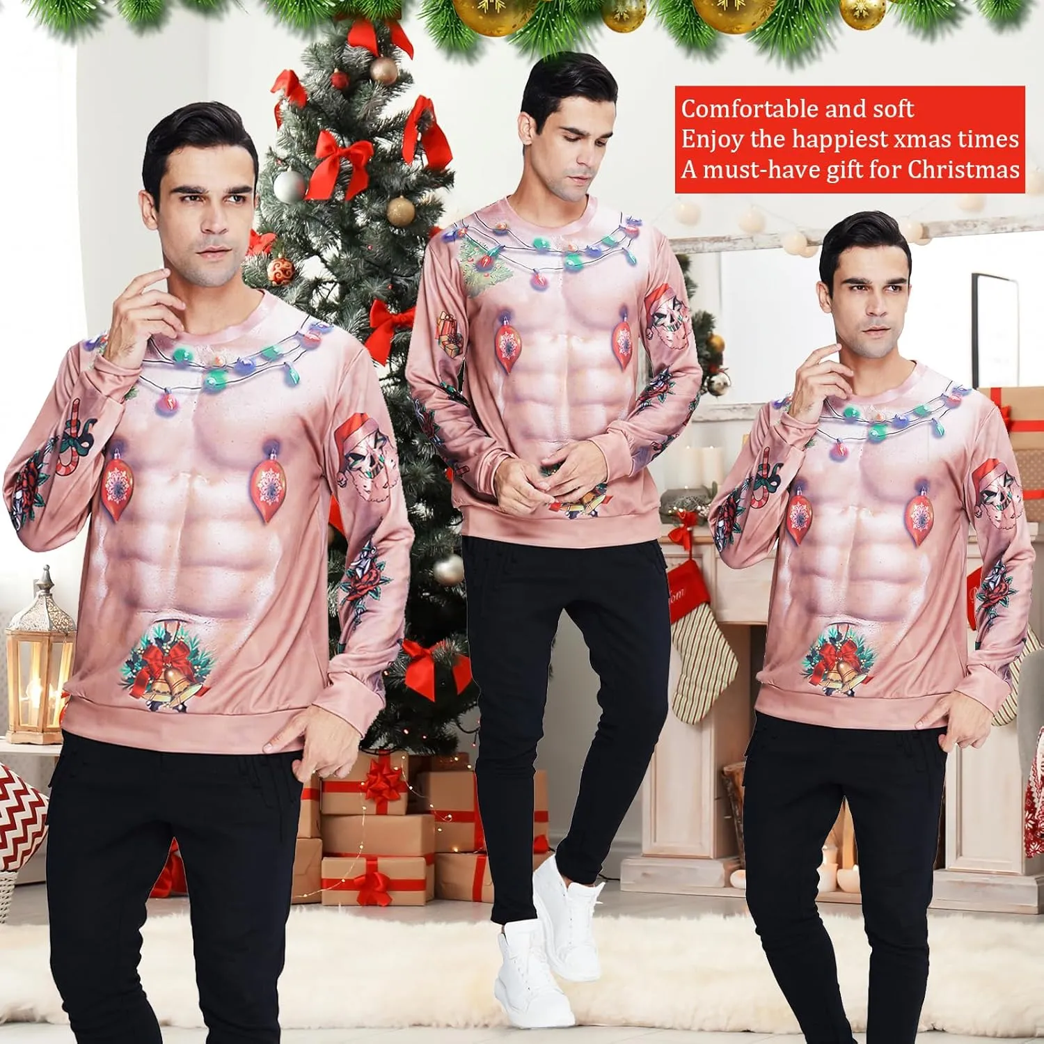 uideazone Unisex Ugly Christmas Sweater 3D Printed Funny Crewneck Pullover Sweatshirts for Xmas Party Celebration