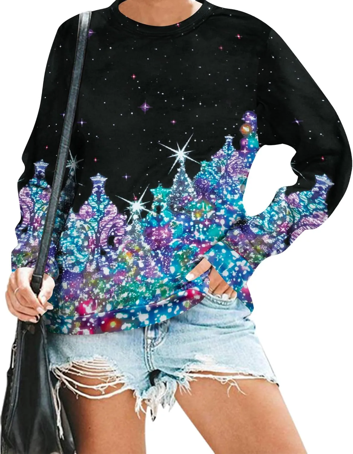 UNIQUEONE Ugly Christmas Sweatshirts Women Christmas Sweater Xmas Tree Sequin Top Winter Crewneck Family Holiday Outfits