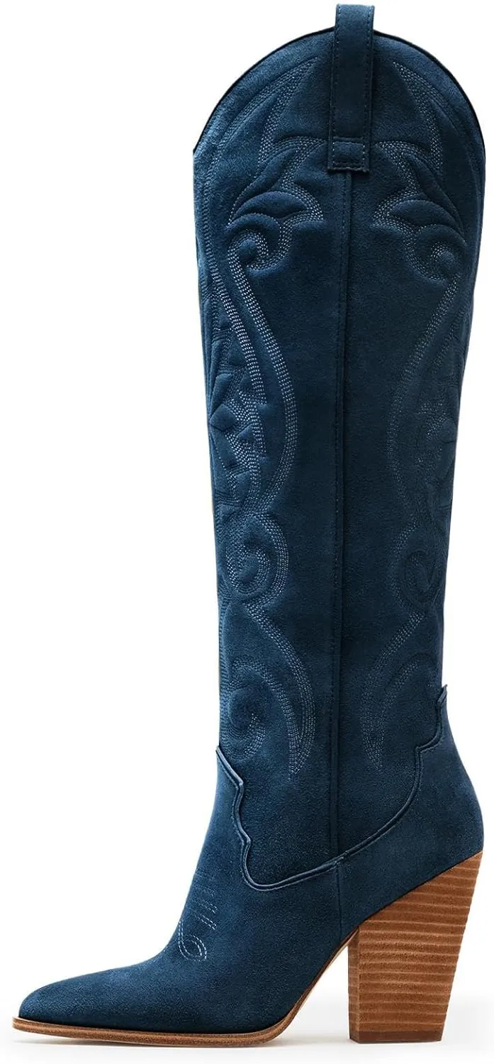 WIRALOMI Women Western Knee High Boots Embroidered Chunky Block Heel Cowboy Boots Pointed Toe Pull on Cowgirl Boots