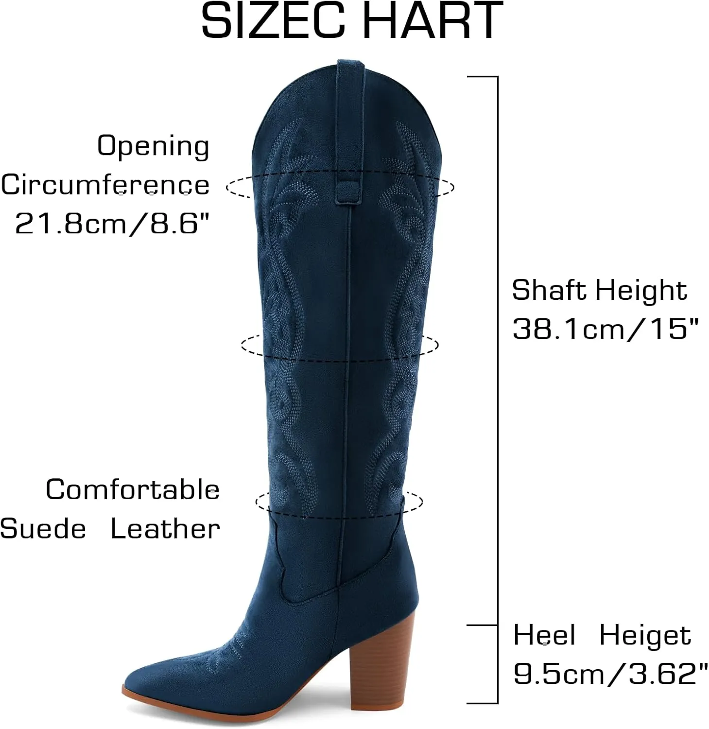 WIRALOMI Women Western Knee High Boots Embroidered Chunky Block Heel Cowboy Boots Pointed Toe Pull on Cowgirl Boots