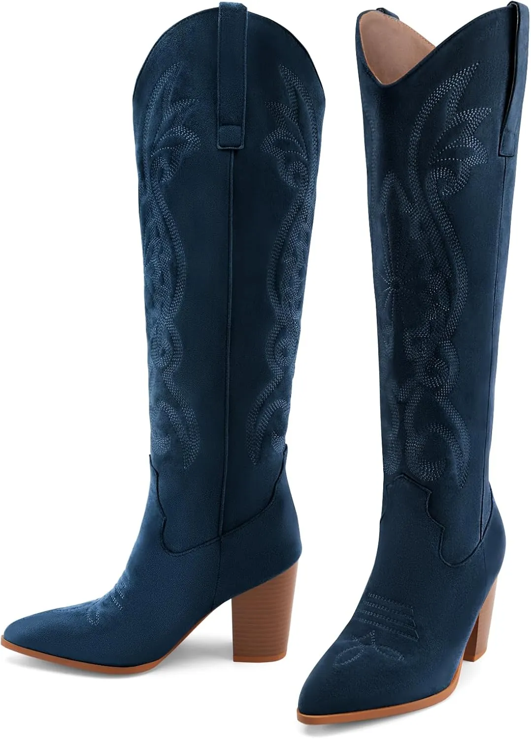 WIRALOMI Women Western Knee High Boots Embroidered Chunky Block Heel Cowboy Boots Pointed Toe Pull on Cowgirl Boots