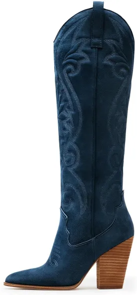 WIRALOMI Women Western Knee High Boots Embroidered Chunky Block Heel Cowboy Boots Pointed Toe Pull on Cowgirl Boots