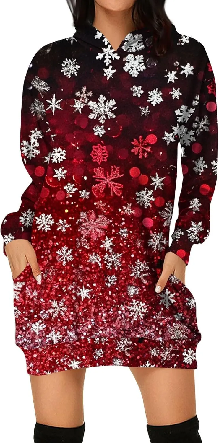 Women Christmas Hoodies Sweatshirts Dress 2024 Casual Long Sleeve Tunic Dress Oversized Sweatshirts with Pockets
