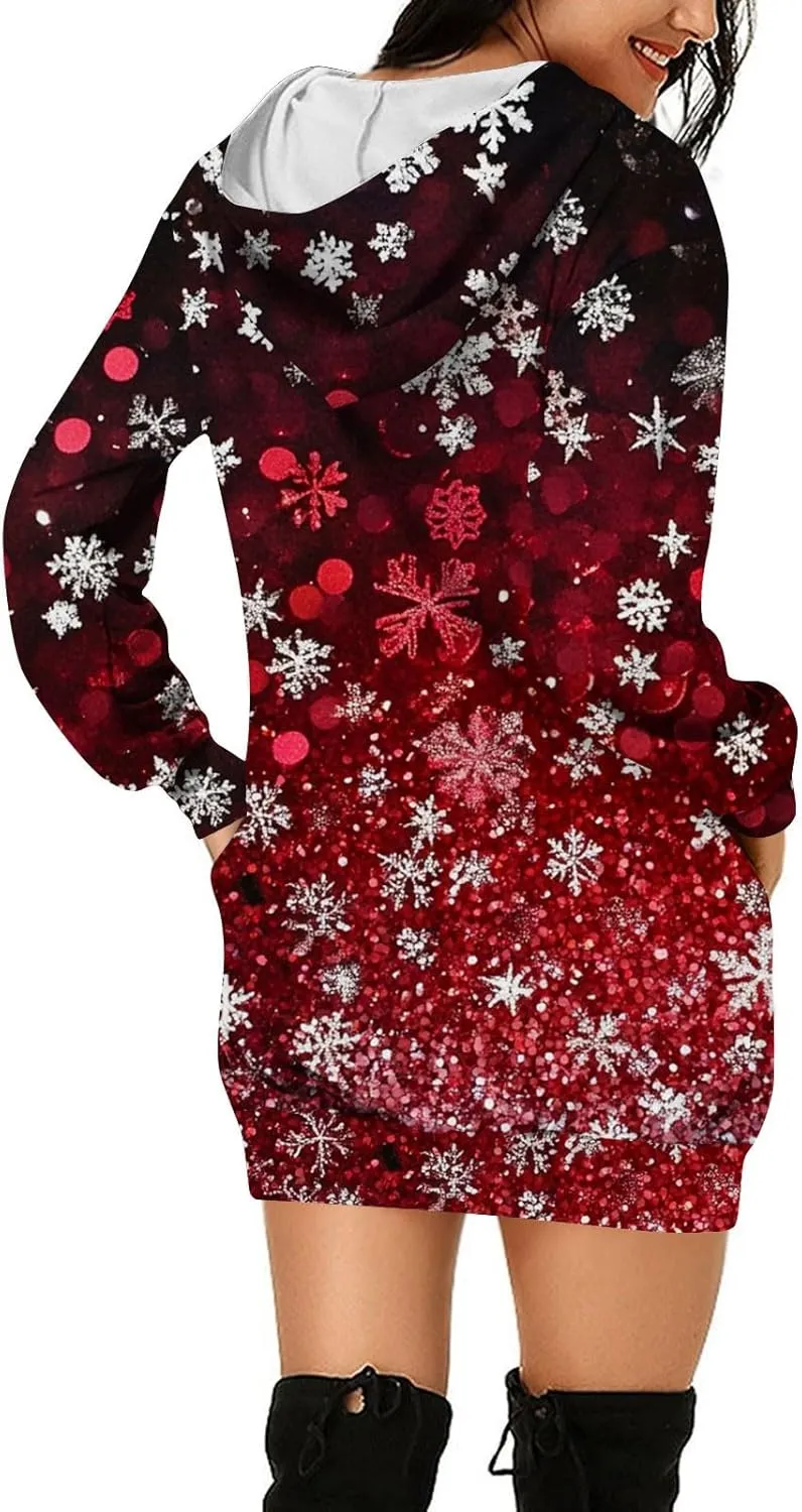 Women Christmas Hoodies Sweatshirts Dress 2024 Casual Long Sleeve Tunic Dress Oversized Sweatshirts with Pockets