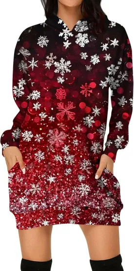 Women Christmas Hoodies Sweatshirts Dress 2024 Casual Long Sleeve Tunic Dress Oversized Sweatshirts with Pockets