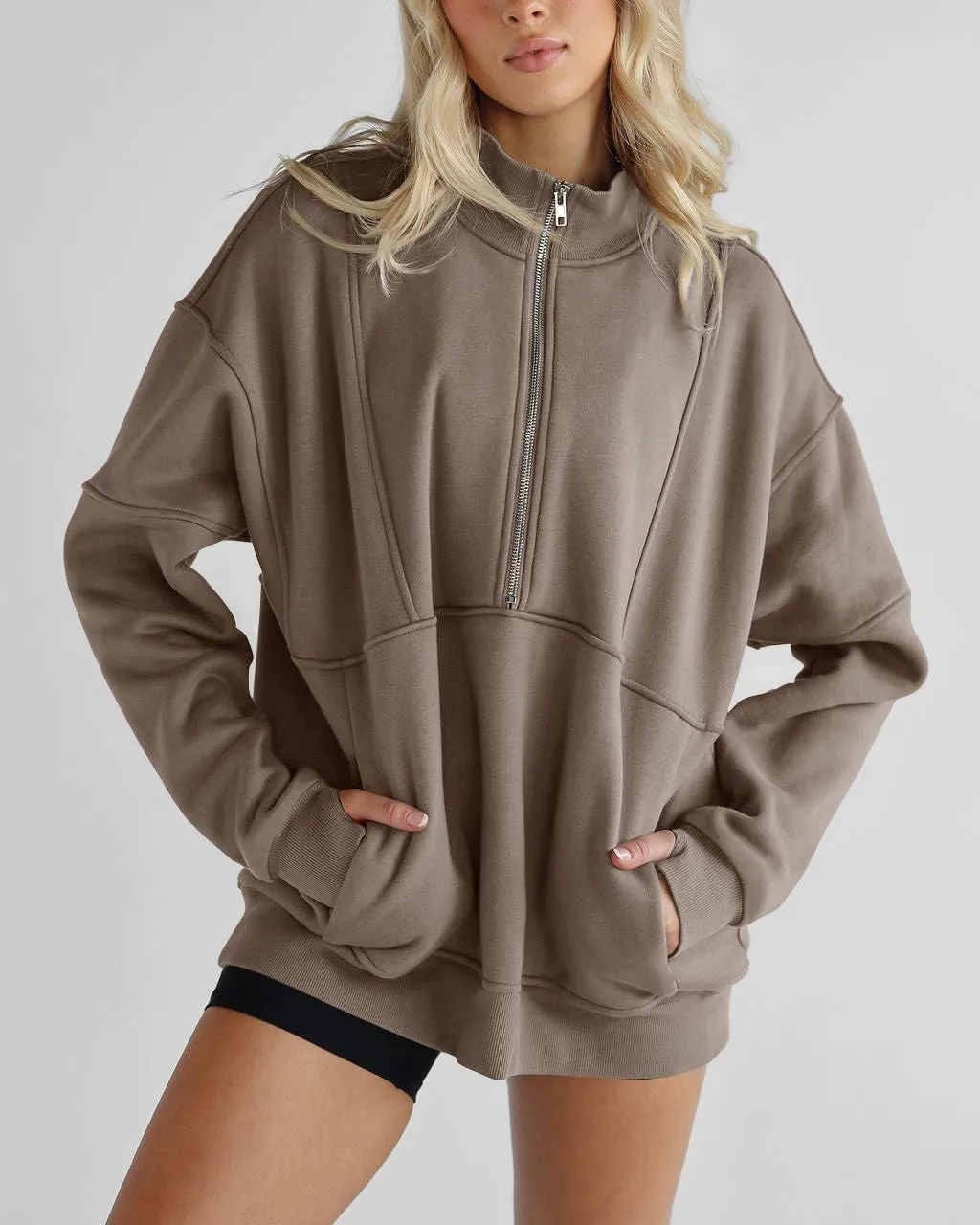 Women's Half Zip Sweatshirts Fleece Stand Collar Long Sleeve Thumb Hole Oversized Pullovers with Pockets