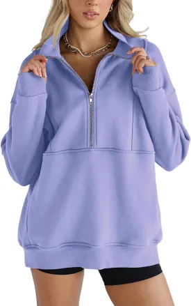 Women's Half Zip Sweatshirts Fleece Stand Collar Long Sleeve Thumb Hole Oversized Pullovers with Pockets