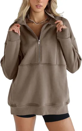 Women's Half Zip Sweatshirts Fleece Stand Collar Long Sleeve Thumb Hole Oversized Pullovers with Pockets
