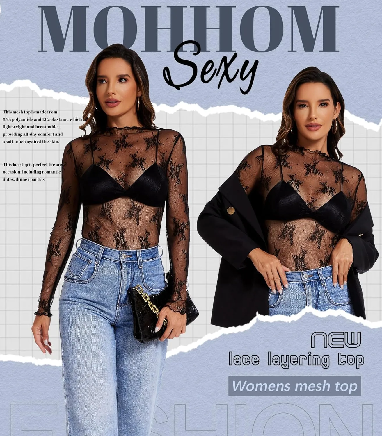 Womens Lace Long Sleeve Mesh Top Mock Neck Sheer Blouse See Through Floral Layering Shirt