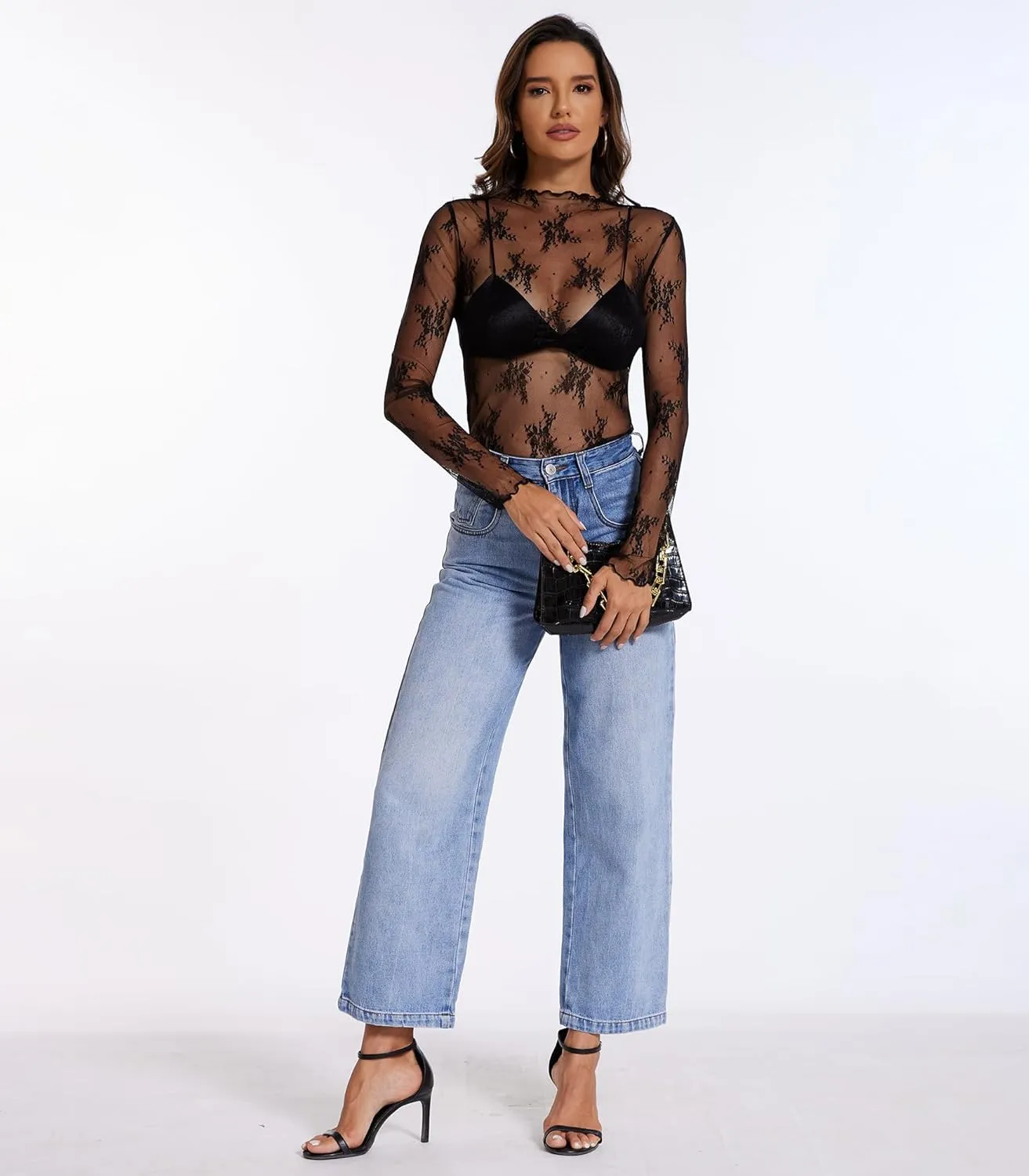 Womens Lace Long Sleeve Mesh Top Mock Neck Sheer Blouse See Through Floral Layering Shirt