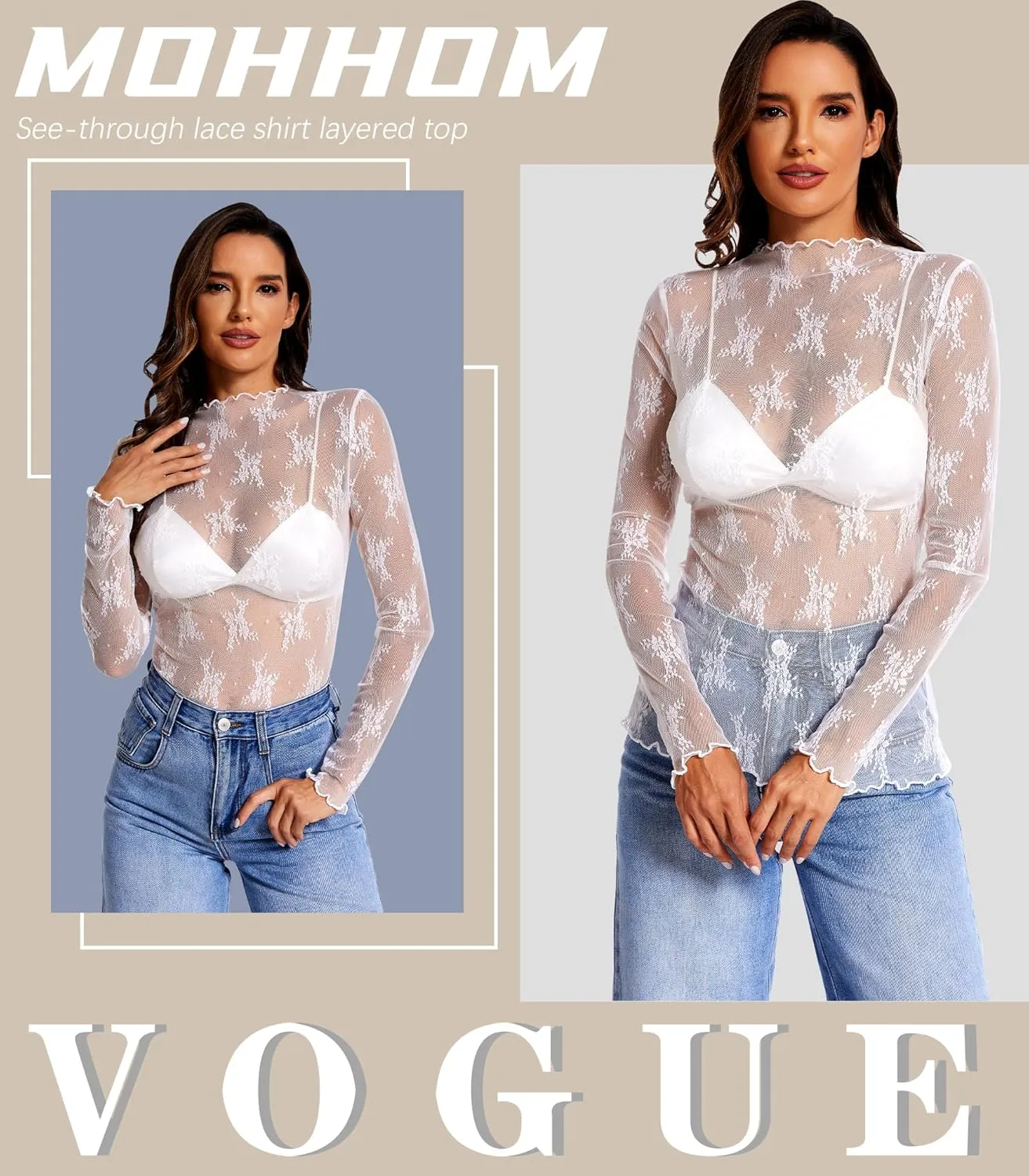 Womens Lace Long Sleeve Mesh Top Mock Neck Sheer Blouse See Through Floral Layering Shirt