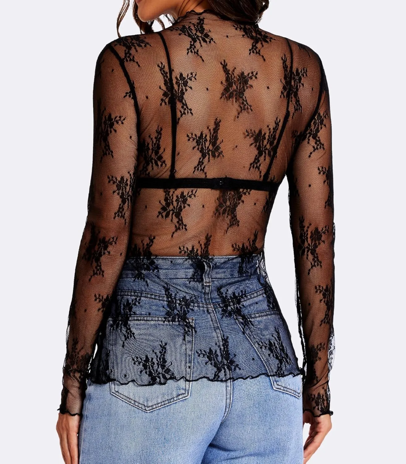 Womens Lace Long Sleeve Mesh Top Mock Neck Sheer Blouse See Through Floral Layering Shirt