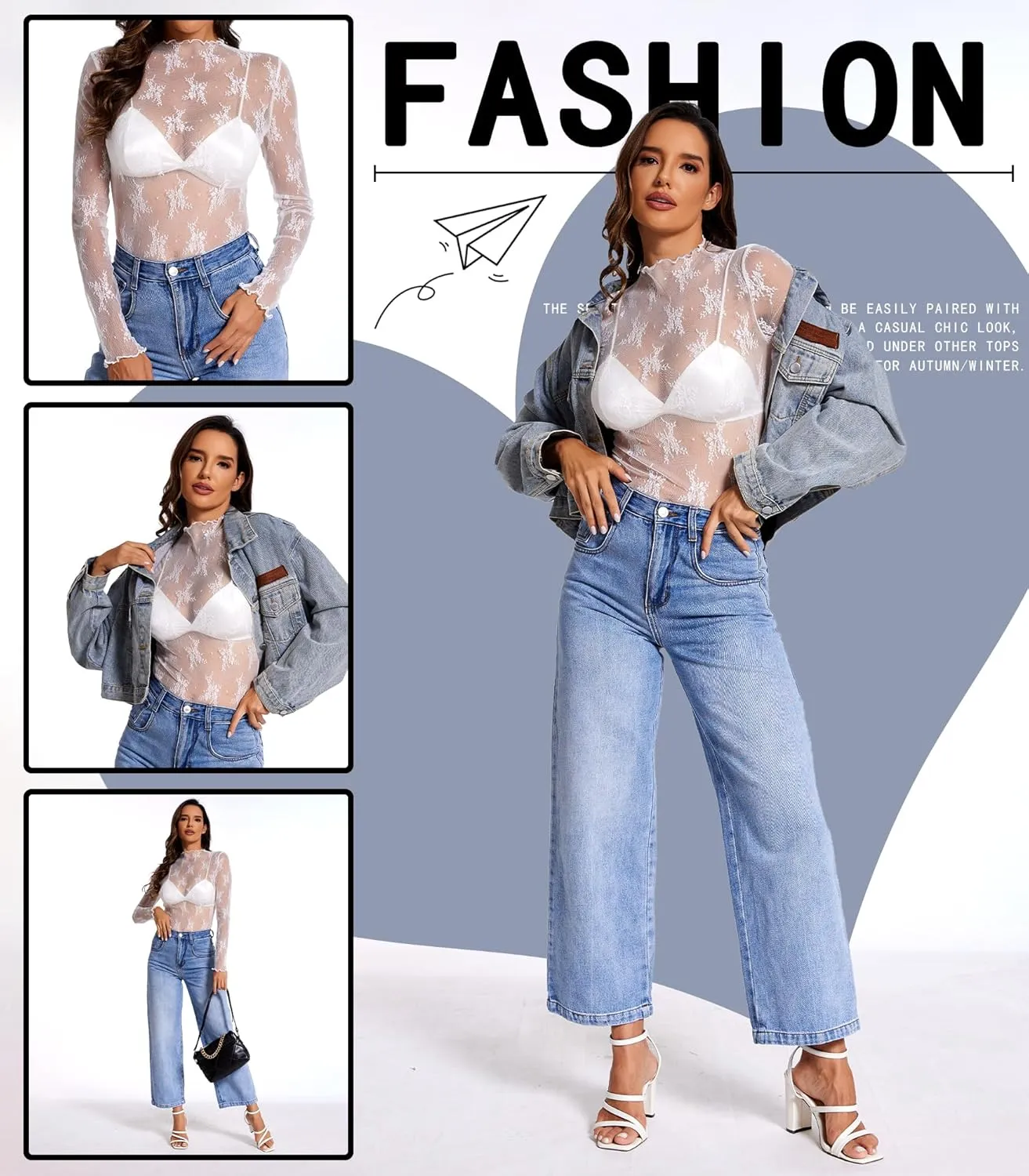 Womens Lace Long Sleeve Mesh Top Mock Neck Sheer Blouse See Through Floral Layering Shirt