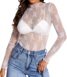 Womens Lace Long Sleeve Mesh Top Mock Neck Sheer Blouse See Through Floral Layering Shirt