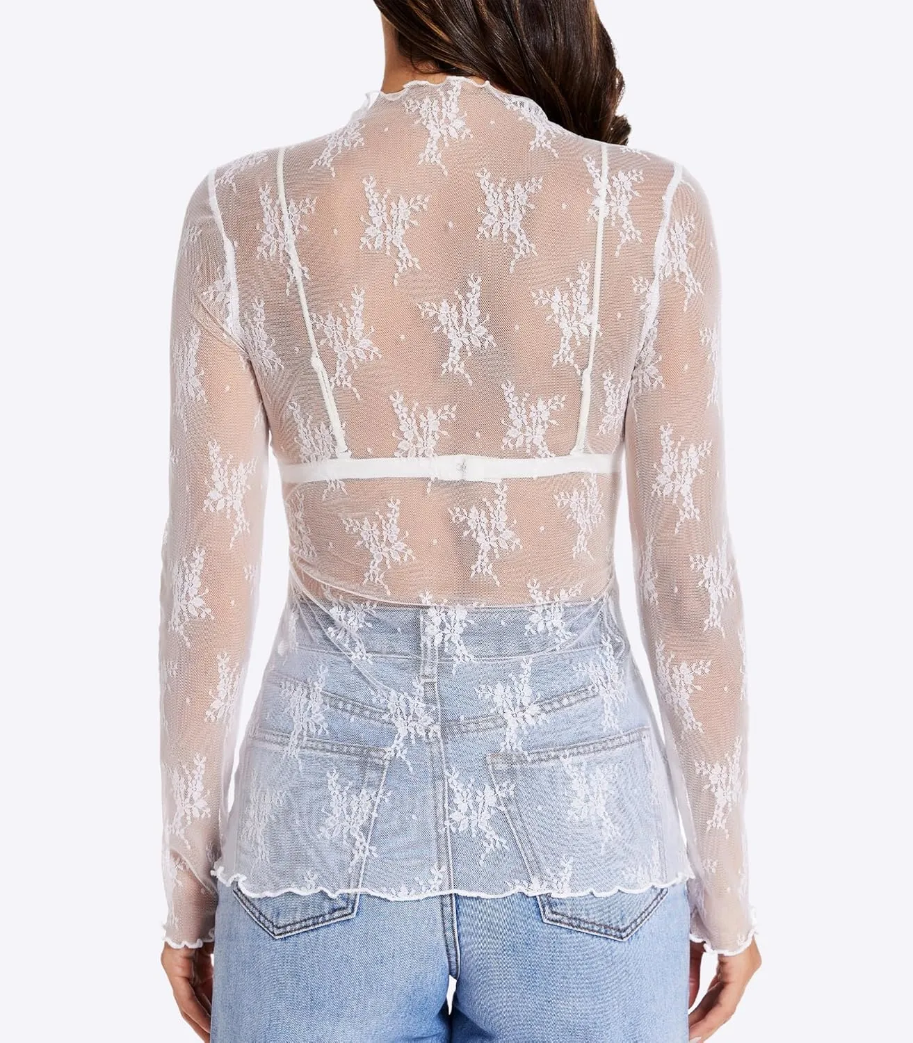 Womens Lace Long Sleeve Mesh Top Mock Neck Sheer Blouse See Through Floral Layering Shirt