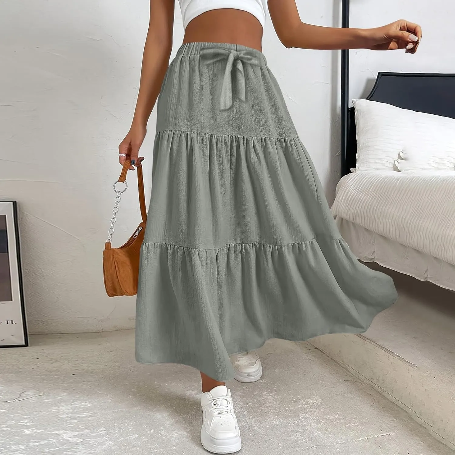 Womens Maxi Skirts Elastic Boho High Waisted Pleated Long Skirts Summer Casual Flowy A Line Tiered Beach Skirt