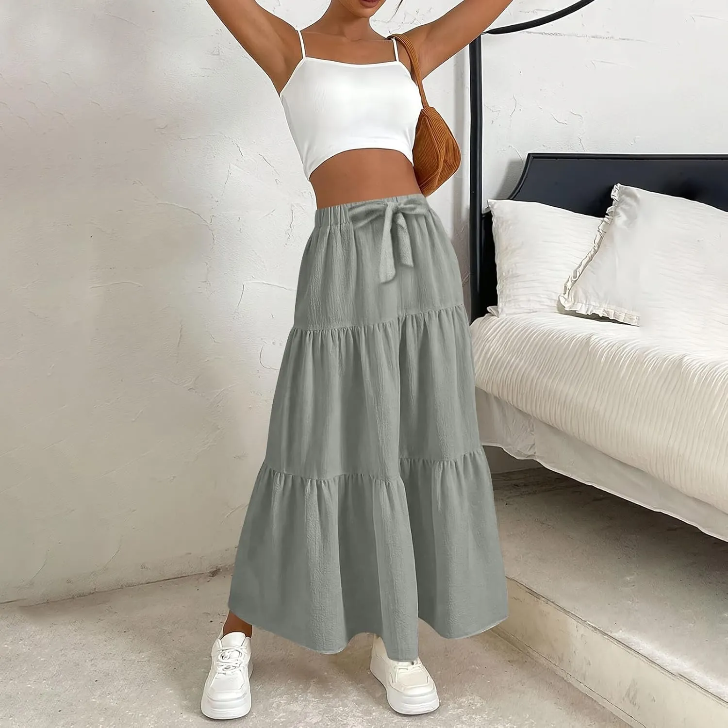 Womens Maxi Skirts Elastic Boho High Waisted Pleated Long Skirts Summer Casual Flowy A Line Tiered Beach Skirt