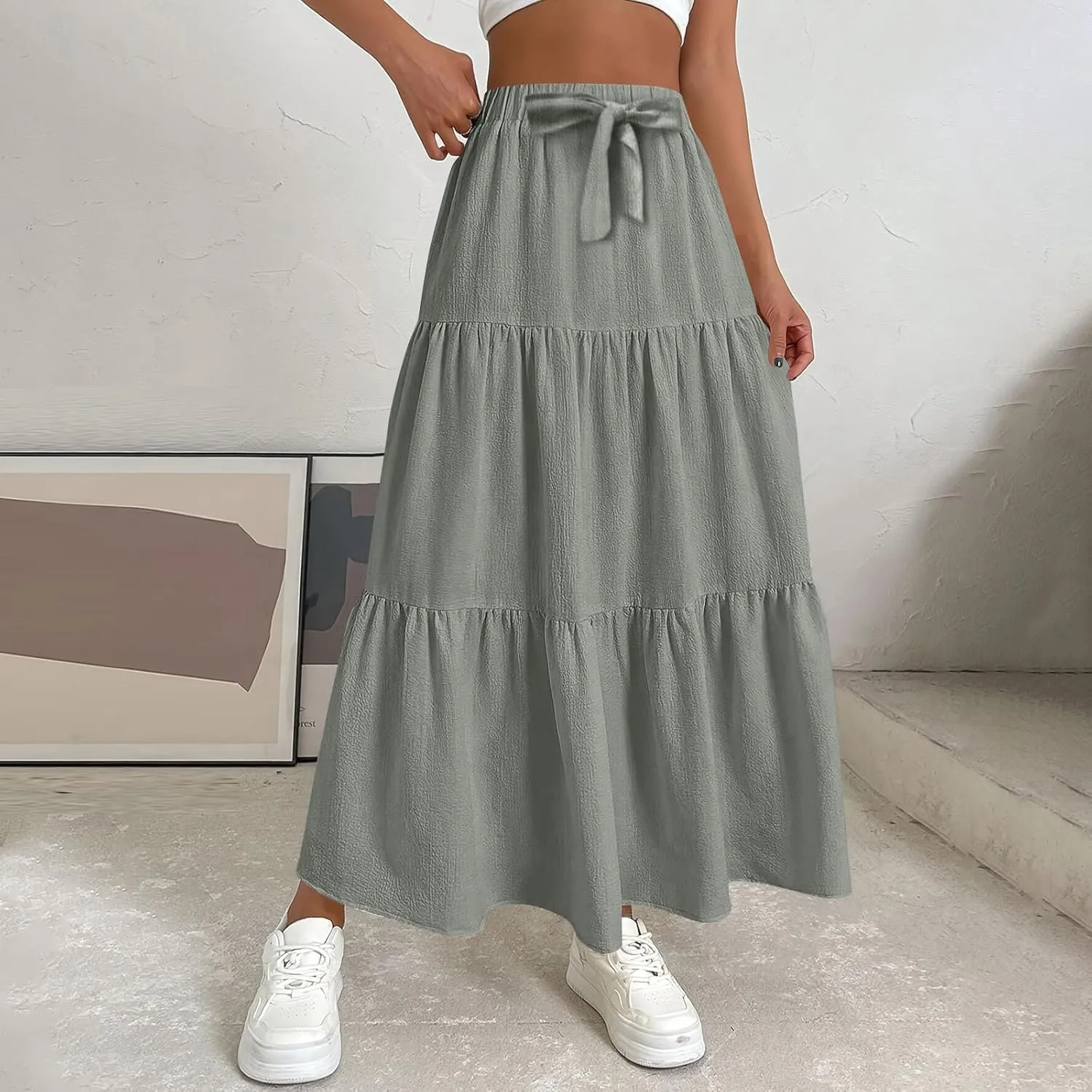 Womens Maxi Skirts Elastic Boho High Waisted Pleated Long Skirts Summer Casual Flowy A Line Tiered Beach Skirt