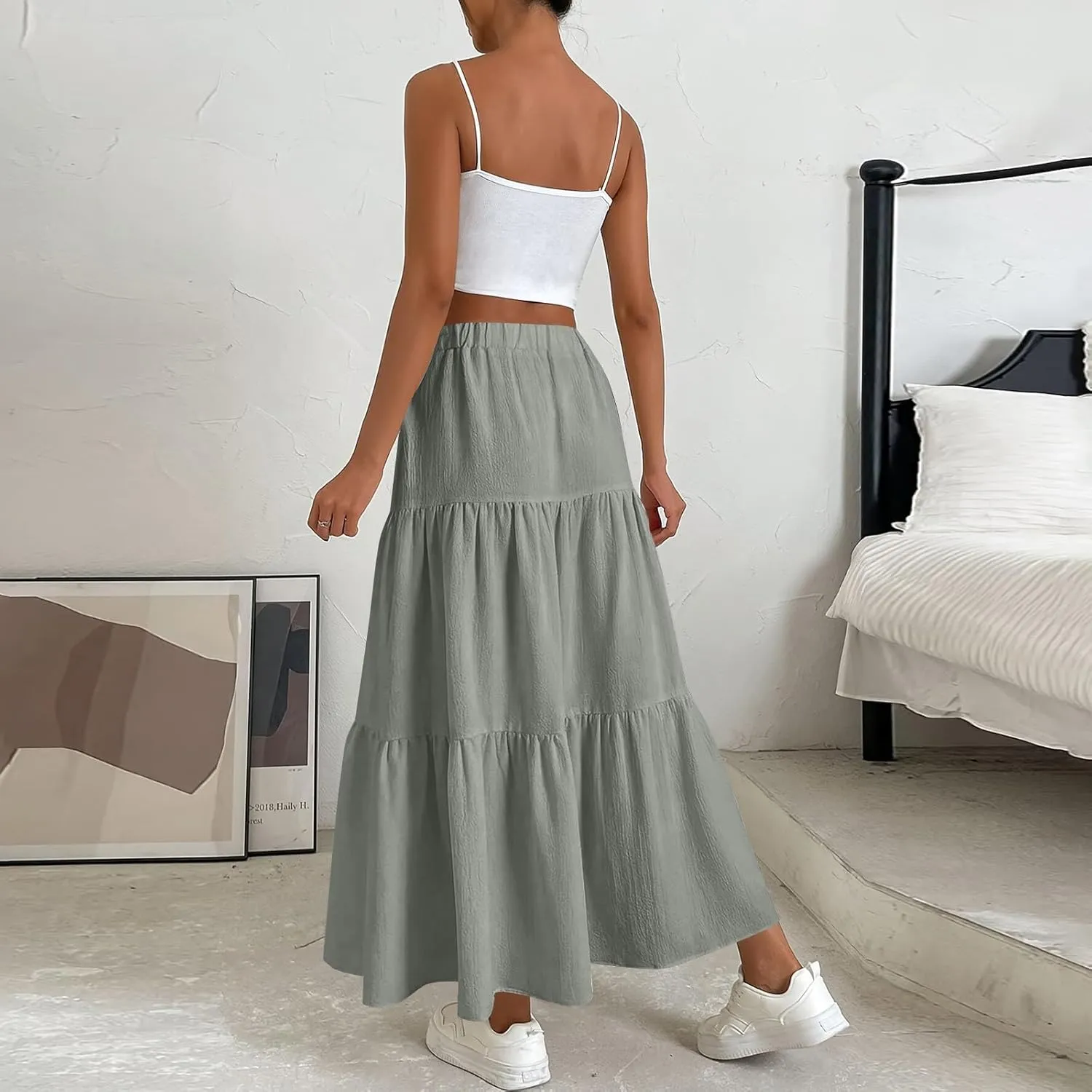 Womens Maxi Skirts Elastic Boho High Waisted Pleated Long Skirts Summer Casual Flowy A Line Tiered Beach Skirt