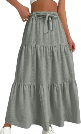 Womens Maxi Skirts Elastic Boho High Waisted Pleated Long Skirts Summer Casual Flowy A Line Tiered Beach Skirt